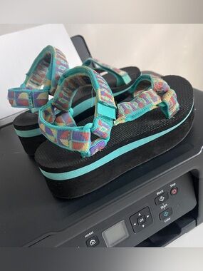 Teva Teal Accent Platform Sandals with Multicolor Straps
